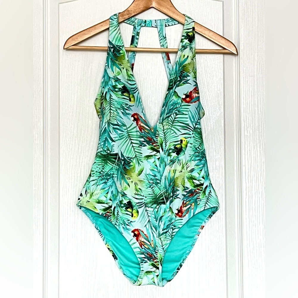 Calzedonia Cobey Tropical Parrot Palm Leaf Halter One Piece Swimsuit OS